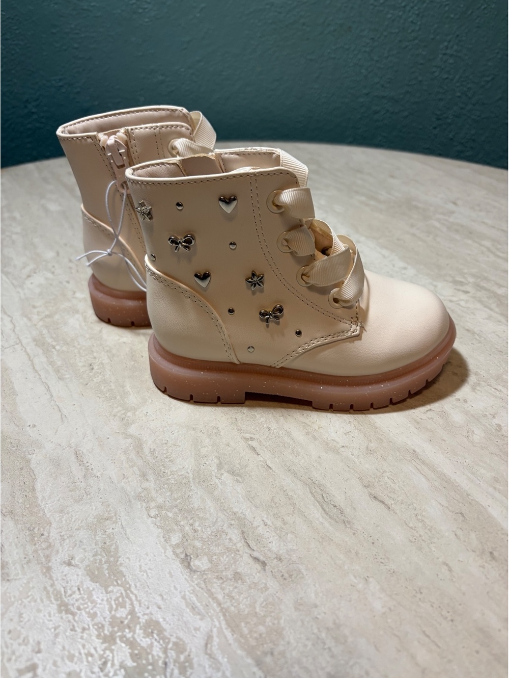 Cat & Jack Girls' Cream Ankle Boots with Ribbon Laces and Decorative Studs Size